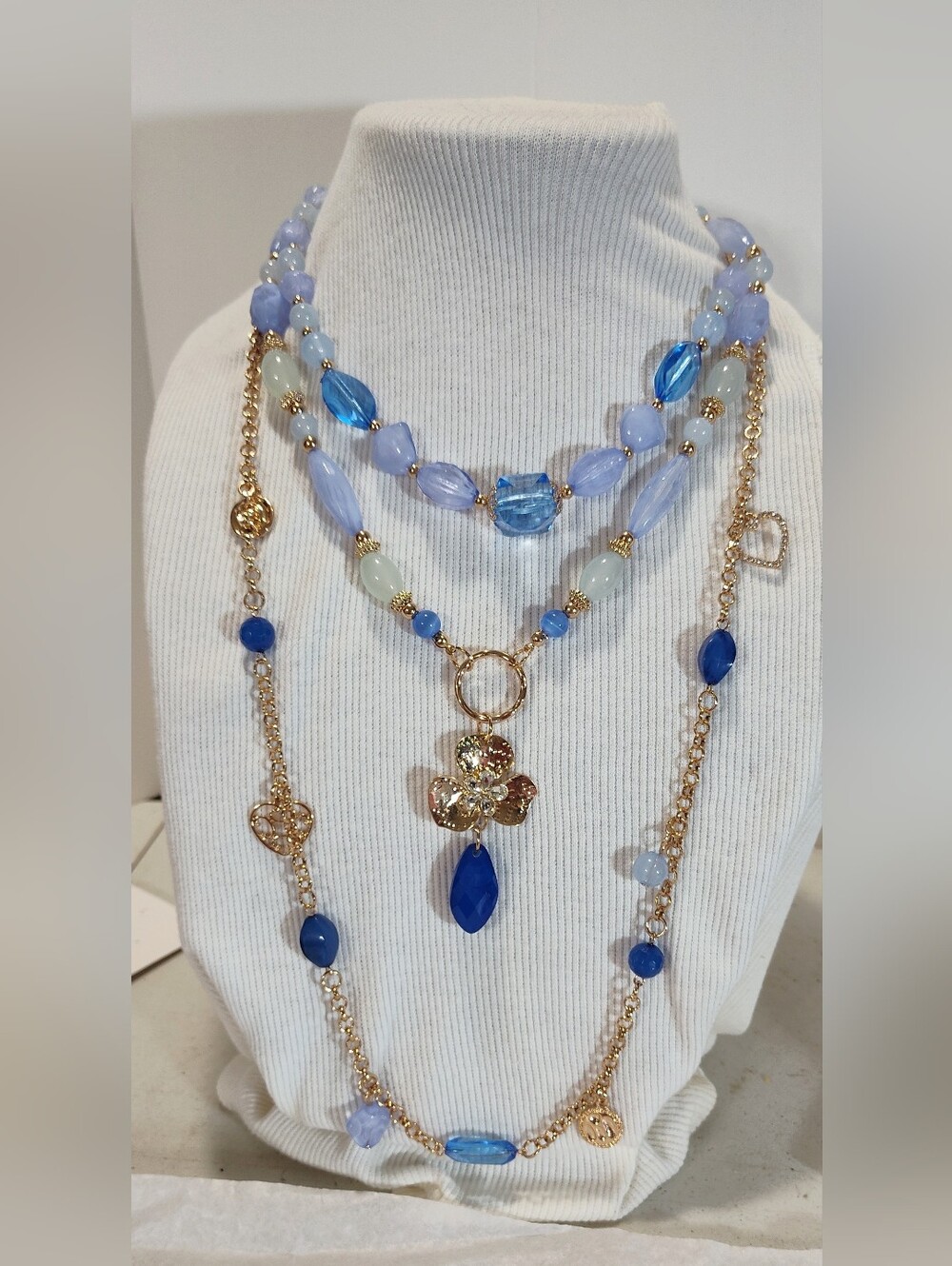 Layered Blue and Gold Statement Necklace - Elegant Floral Pendant